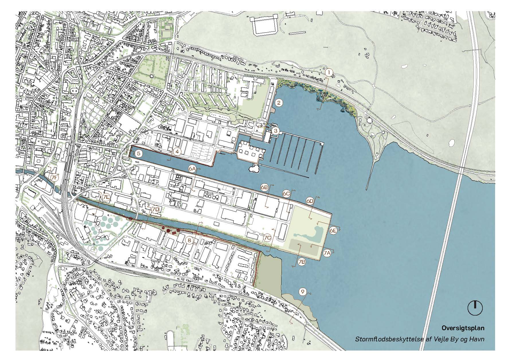 Oversigtsplan for kommunalt fællesprojekt til stormflodsbeskyttelse af Vejle midtby
